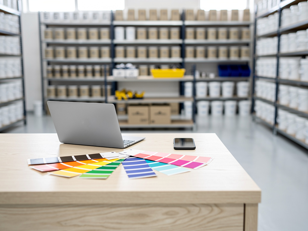 A clean service counter with a laptop, a phone and a fan of colorful paint swatches, shelving softly blurred behind.