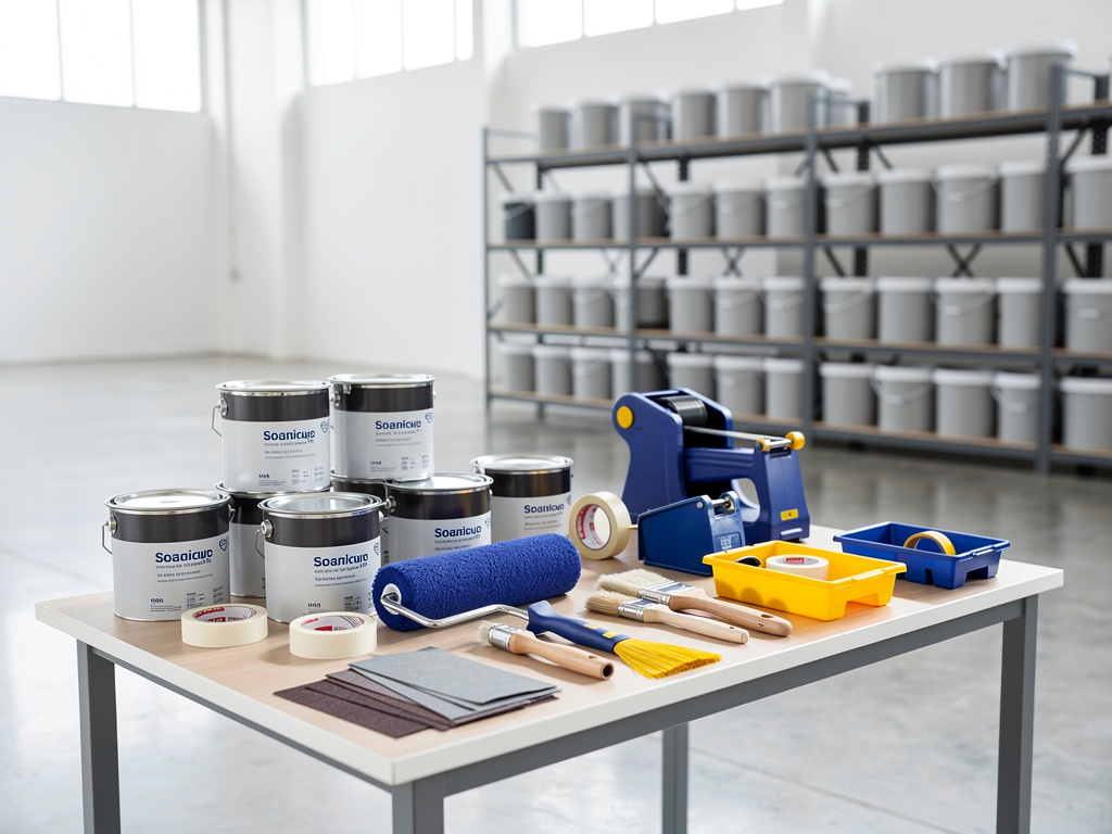 A tidy workbench with paint cans, rollers, brushes, tape and sandpaper laid out together.