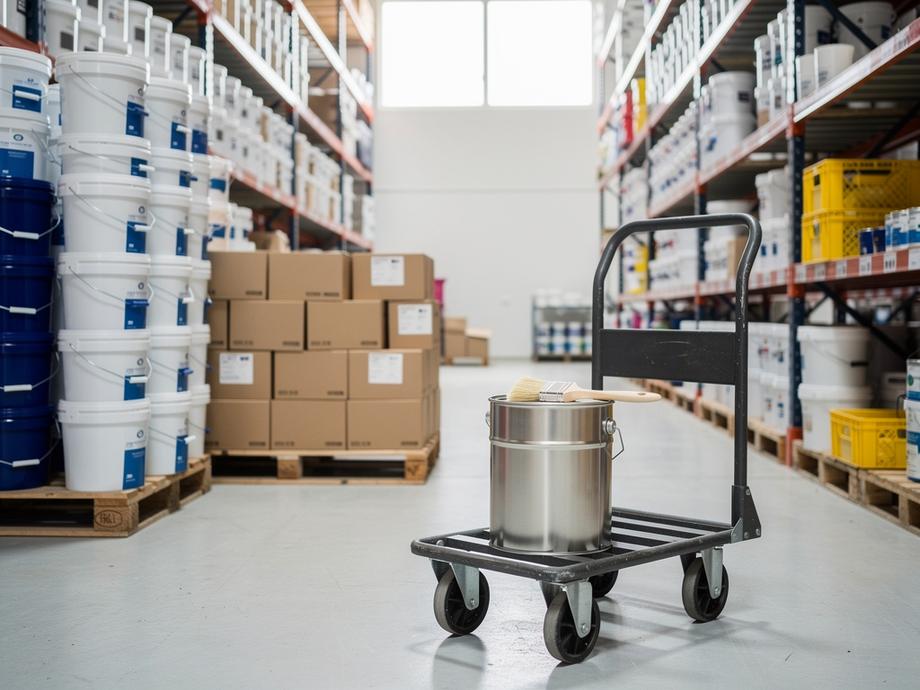 Stacked wholesale boxes and pallets of buckets next to a single paint can and brush on a cart.