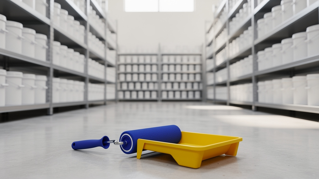 Neat rows of unlabeled paint buckets on steel shelving, with a royal blue roller and a yellow paint tray in the foregrou