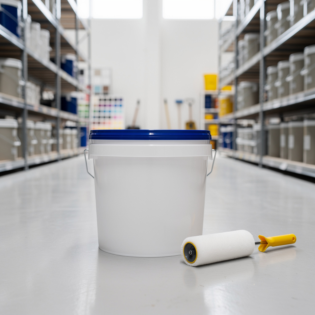 A plain white 18-liter paint bucket with a royal blue lid on a light gray surface, a yellow-handled roller beside it.
