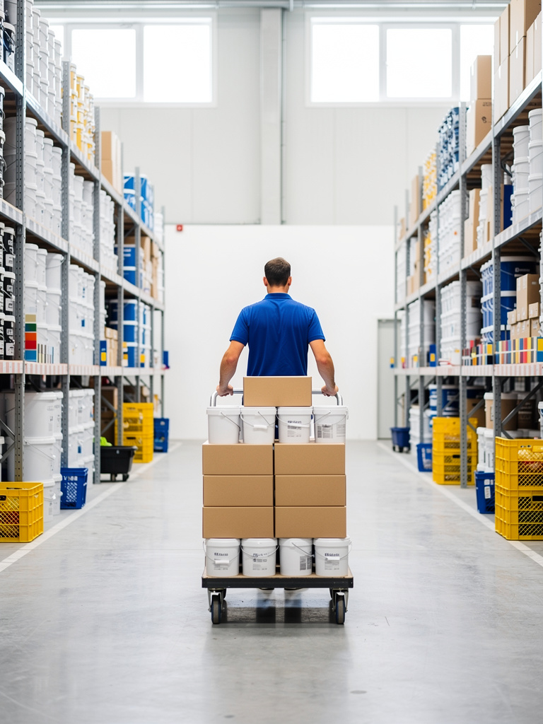 A worker seen from behind pushing a cart of packed paint orders down a bright warehouse aisle, face out of frame.